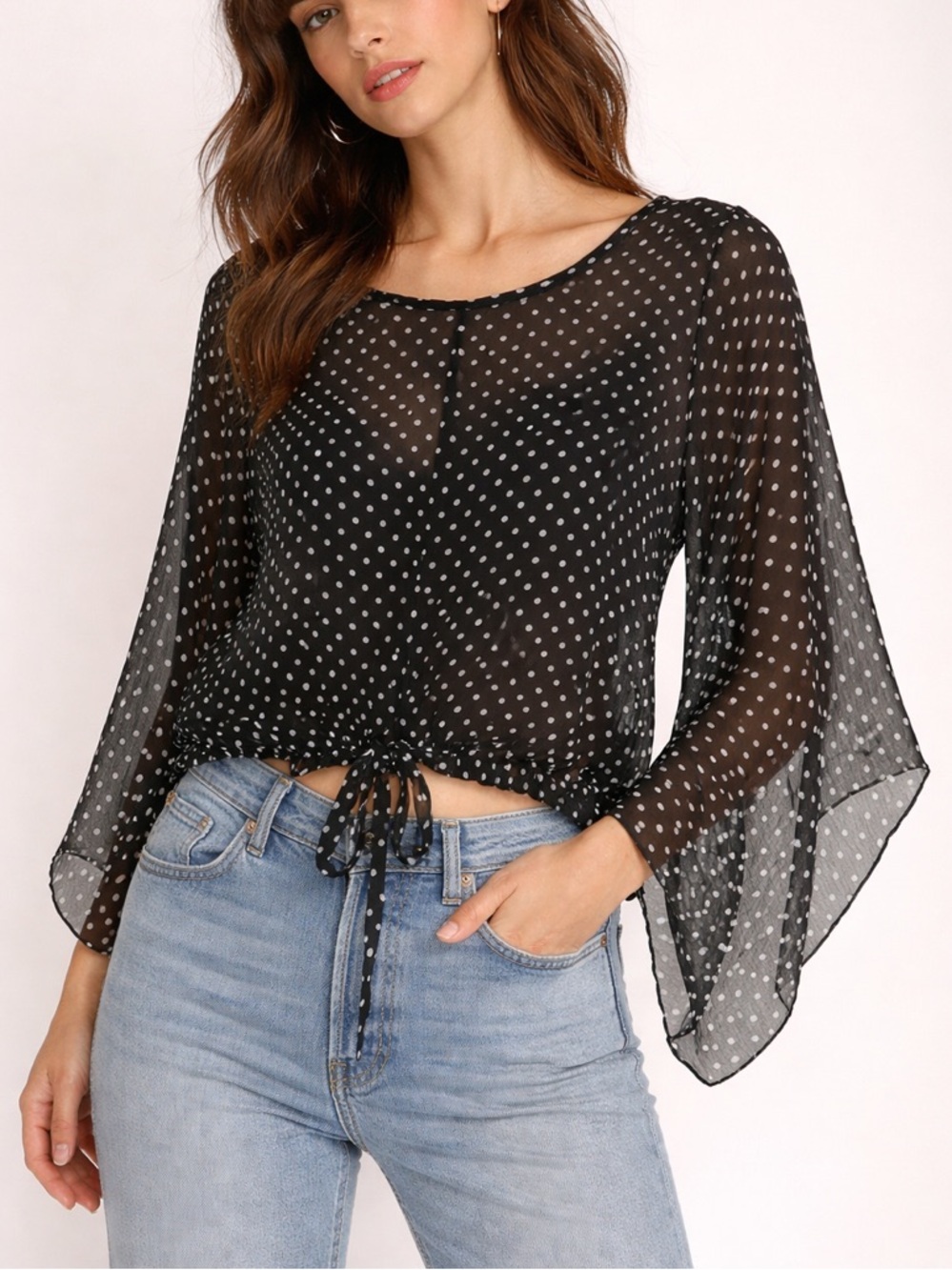 vintage polka dot loose fit sheer cropped butterfly  oversized sleeves y2k